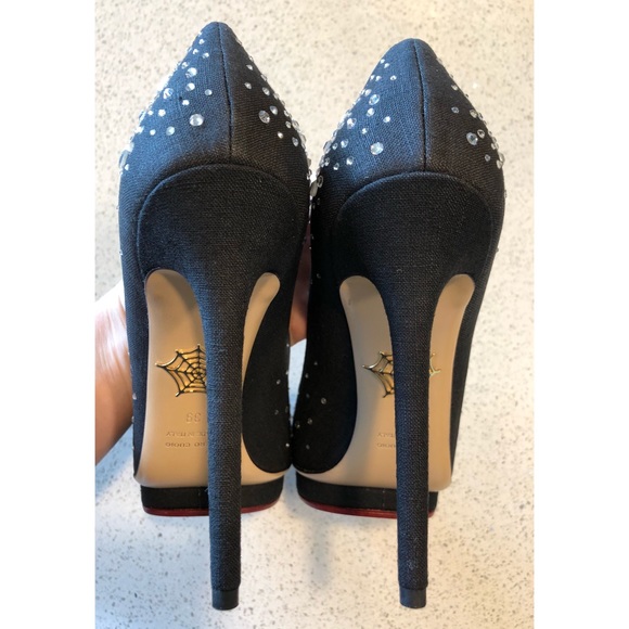 Charlotte Olympia Black Linen Bejeweled stiletto 9 - Picture 6 of 8